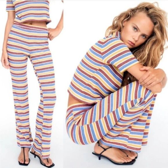 Zara Knitted Retro Stripe Pull On Flare Leg Pants Size Medium - Picture 1 of 10